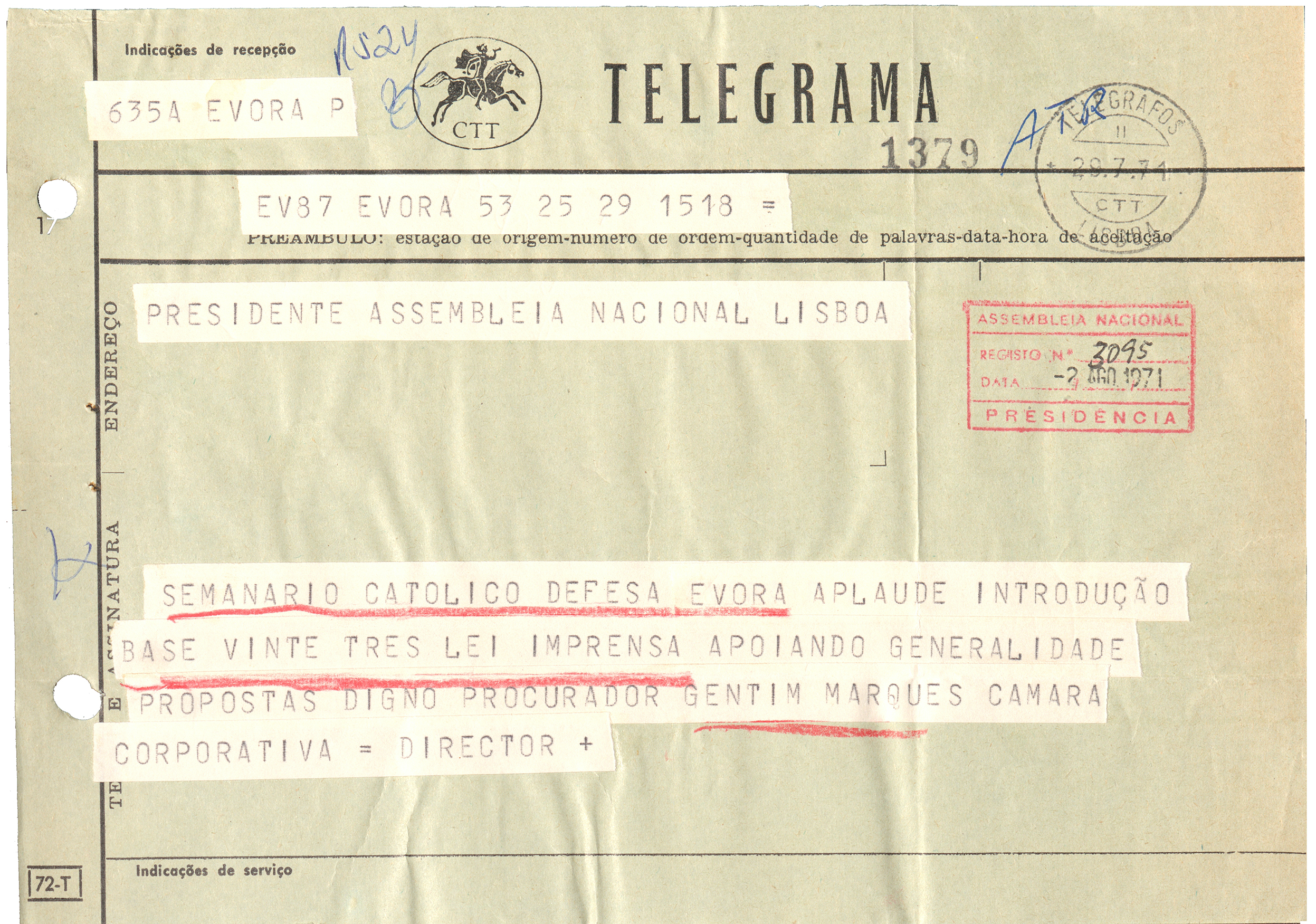 Telegrama de Apoio ou repúdio à nova Lei de Imprensa (1971).