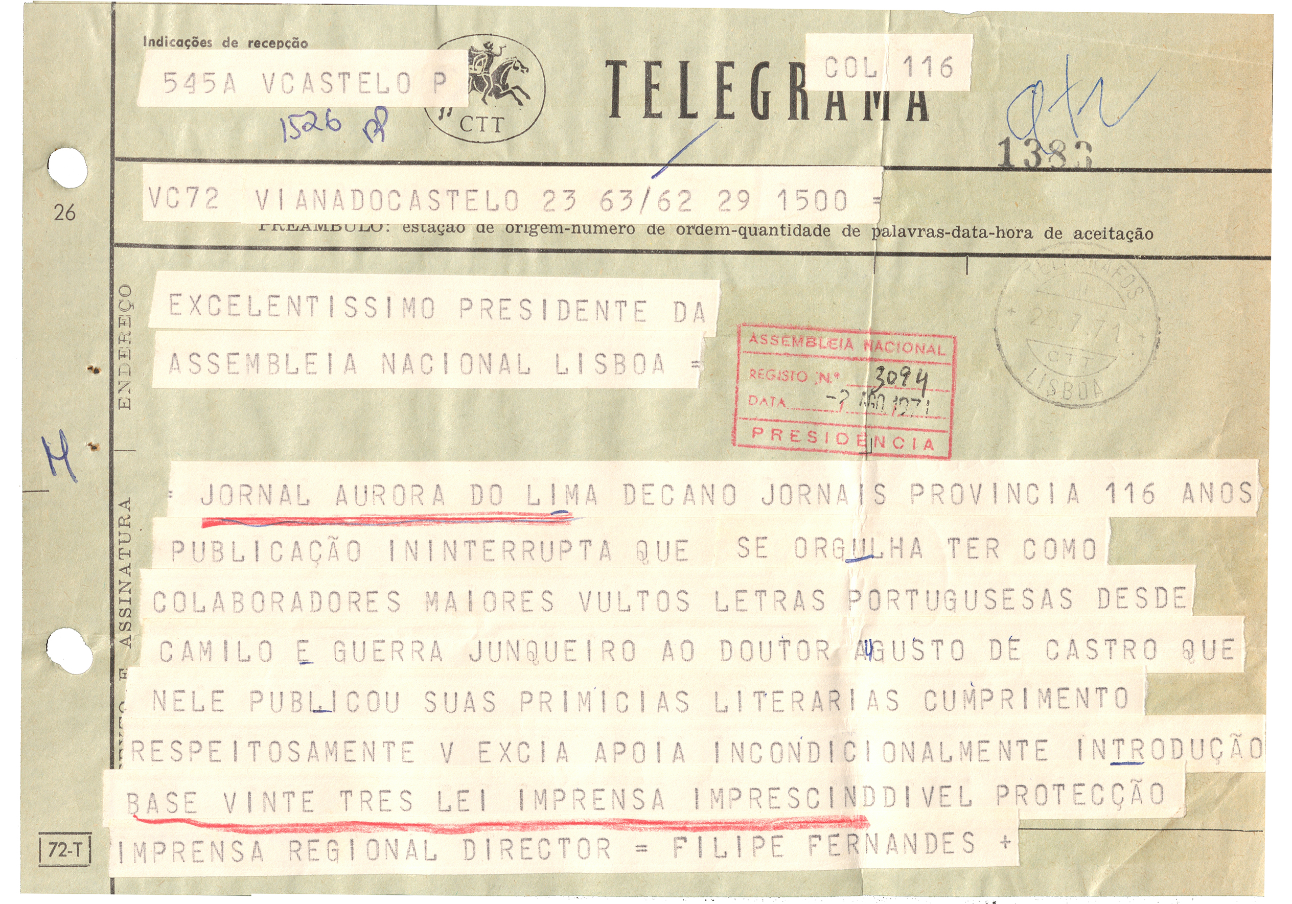 Telegrama de Apoio ou repúdio à nova Lei de Imprensa (1971).