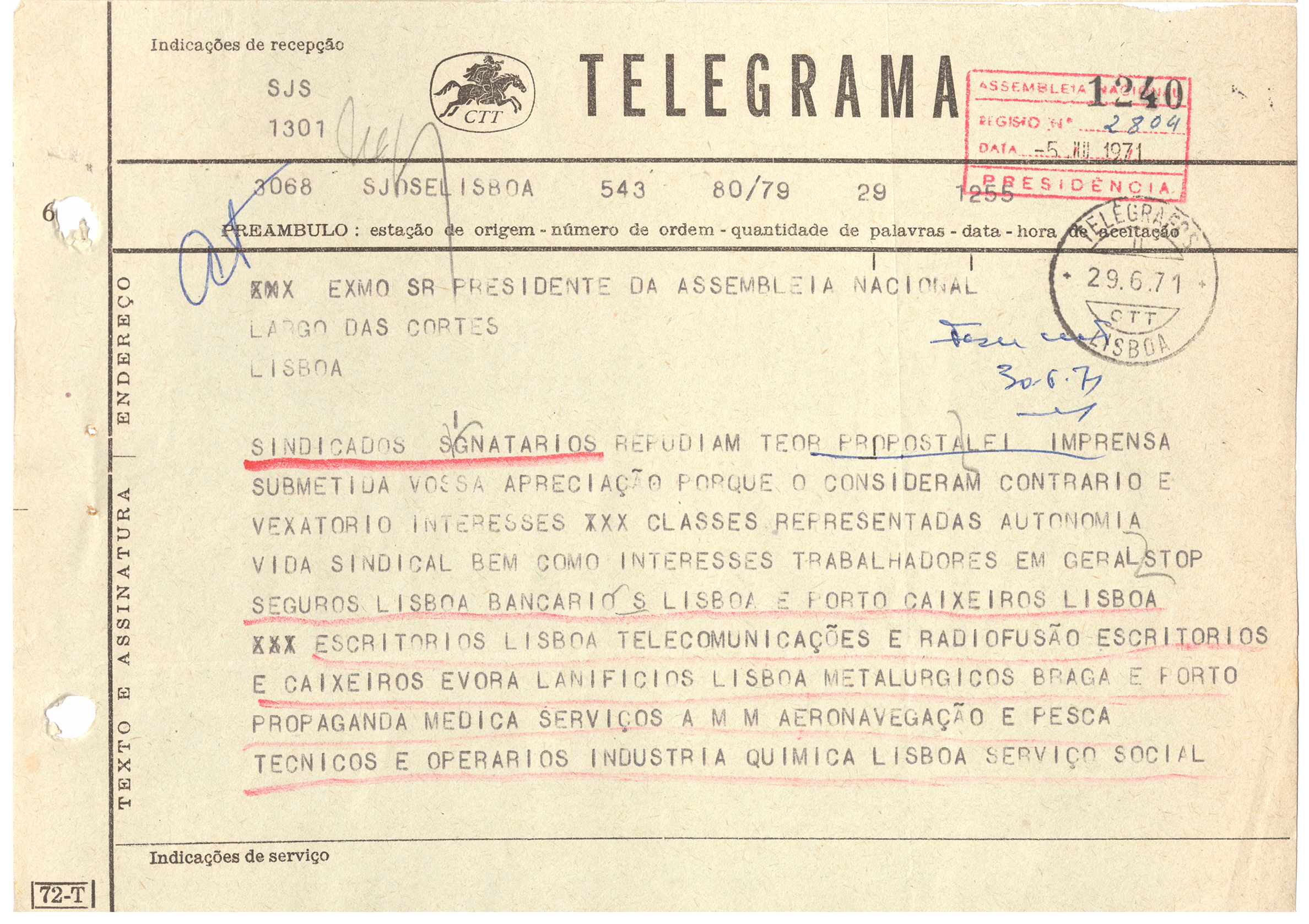 Telegrama de Apoio ou repúdio à nova Lei de Imprensa (1971).