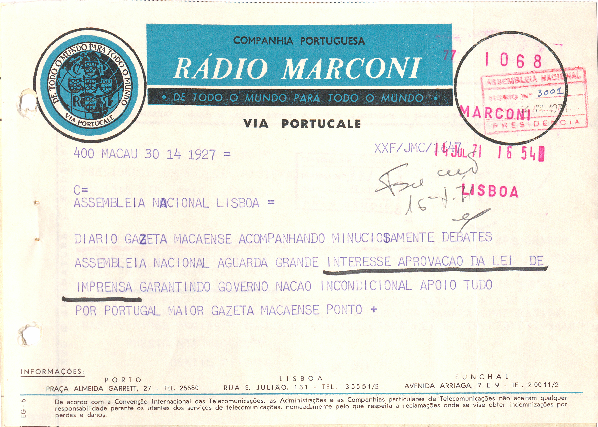 Telegrama de Apoio ou repúdio à nova Lei de Imprensa (1971).