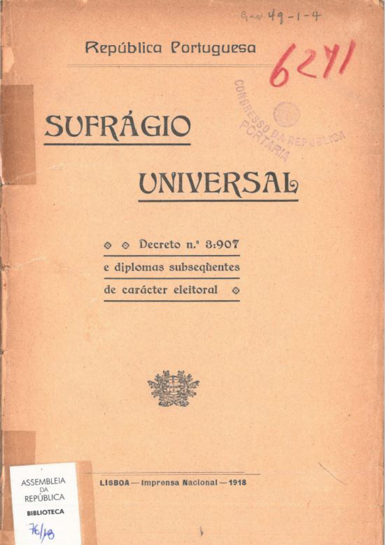 Sufrágio universal : decreto n.º 3.907 e diplomas subsequentes de carácter eleitoral
