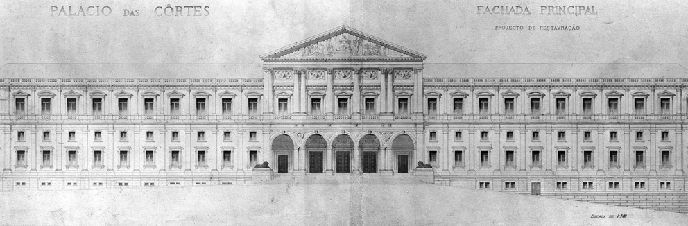Projeto de restauração da fachada do Palácio das Cortes do arquiteto Miguel Ventura Terra.
