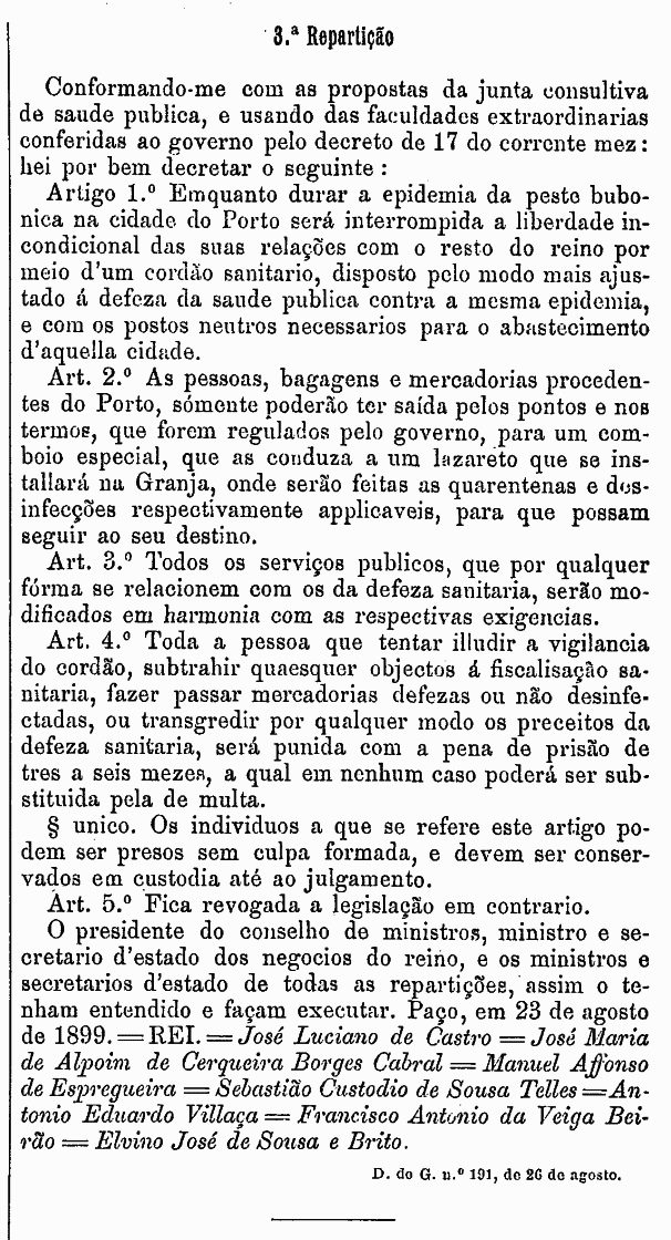 23 de agosto de 1899: Decreto do Ministério do Reino interrompendo a liberdade incondicional das relações do Porto com o resto do reino por meio de um cordão sanitário, enquanto naquela cidade durar a epidemia da peste bubónica.