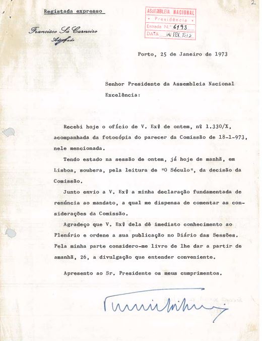 Carta de Sá Carneiro dirigida ao Presidente da Assembeia Nacional