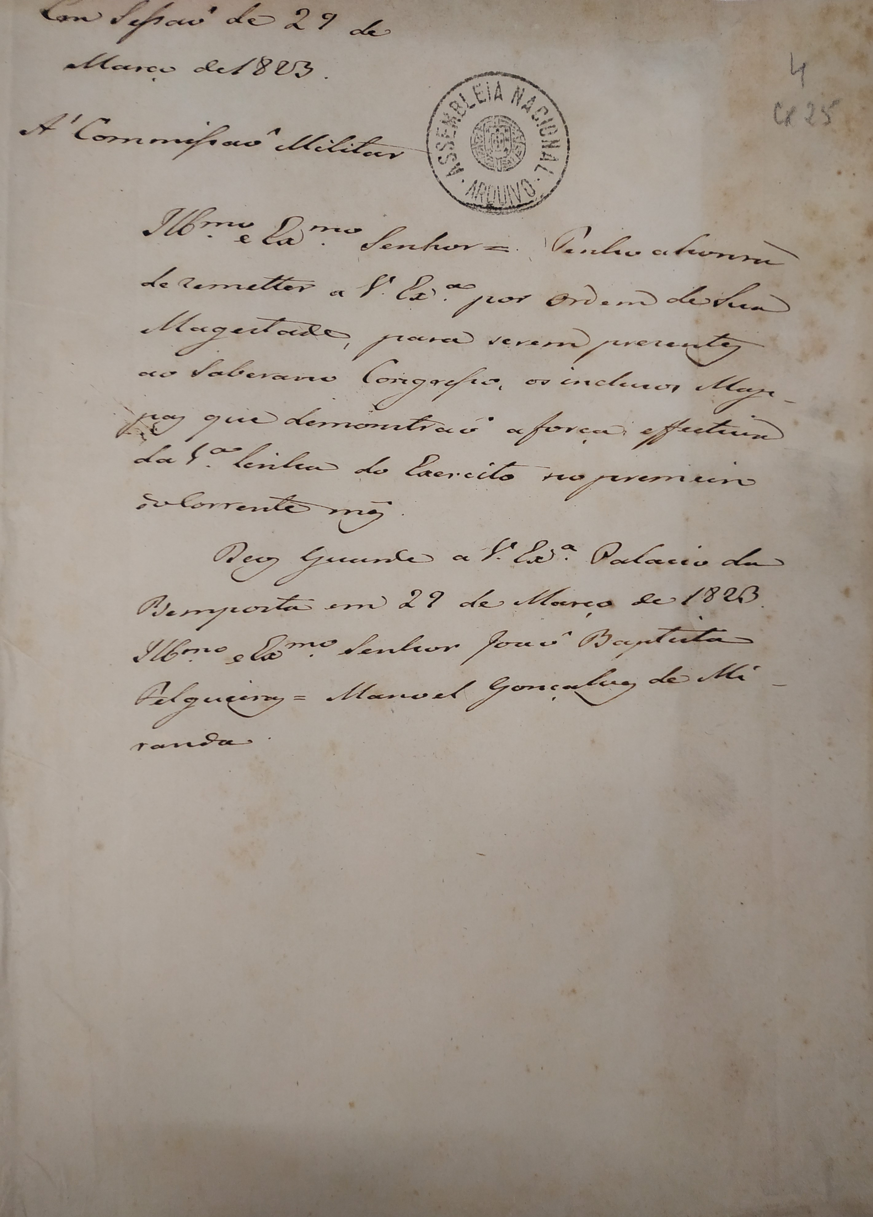 Mapa Geral de Caçadores, de 25 de março de 1823, remetido às Cortes pelo Secretário de Estado dos Negócios da Guerra, Manuel Gonçalves de Miranda. Cota: Secção I/II, cx. 44, mç. 25, doc. 4