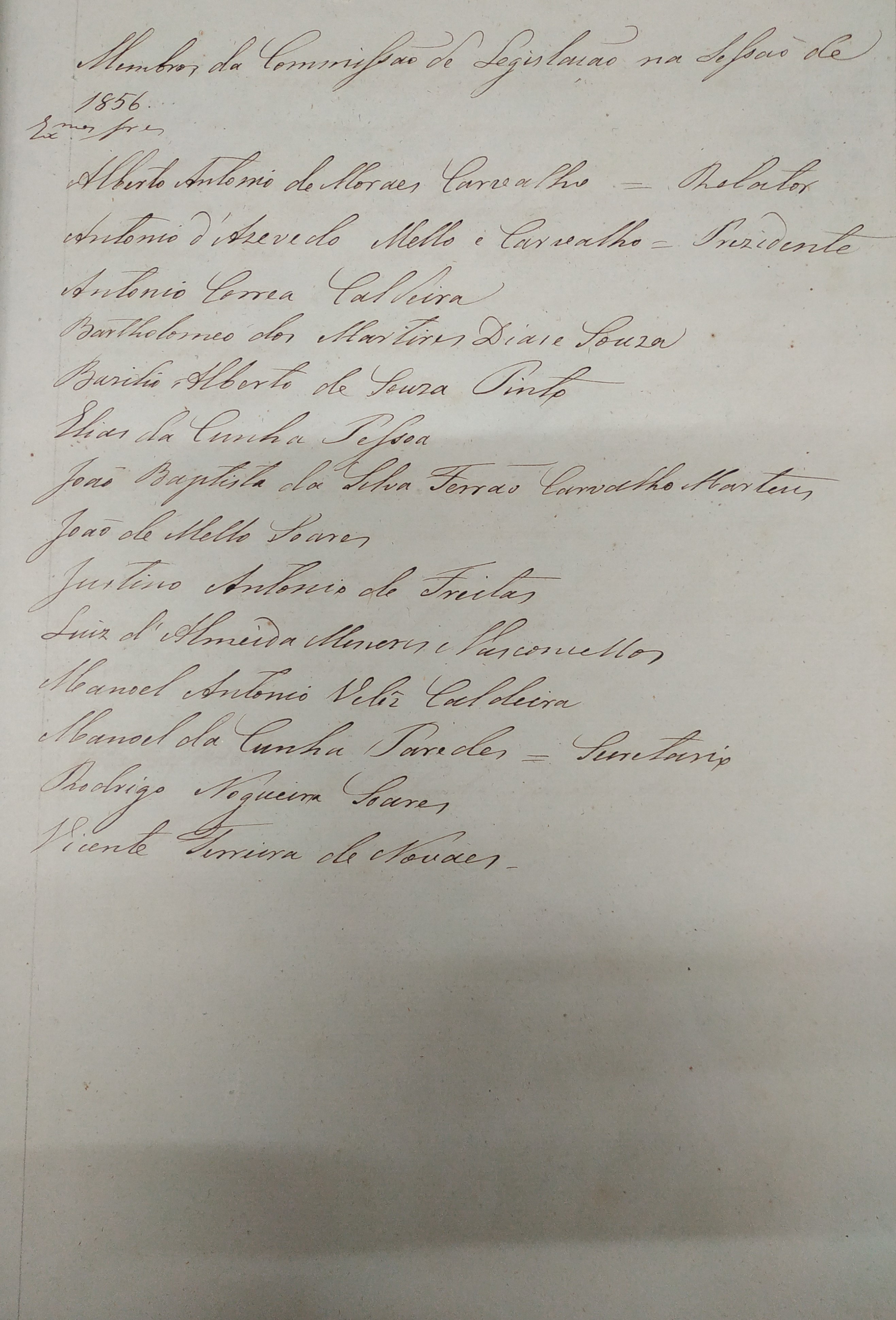 Membros da Comissão na sessão de 1856. Caderno de Atas da Comissão 1856-1857. Cota AHP: Secção I/II, cx. 274, mç. 209, doc. 1.