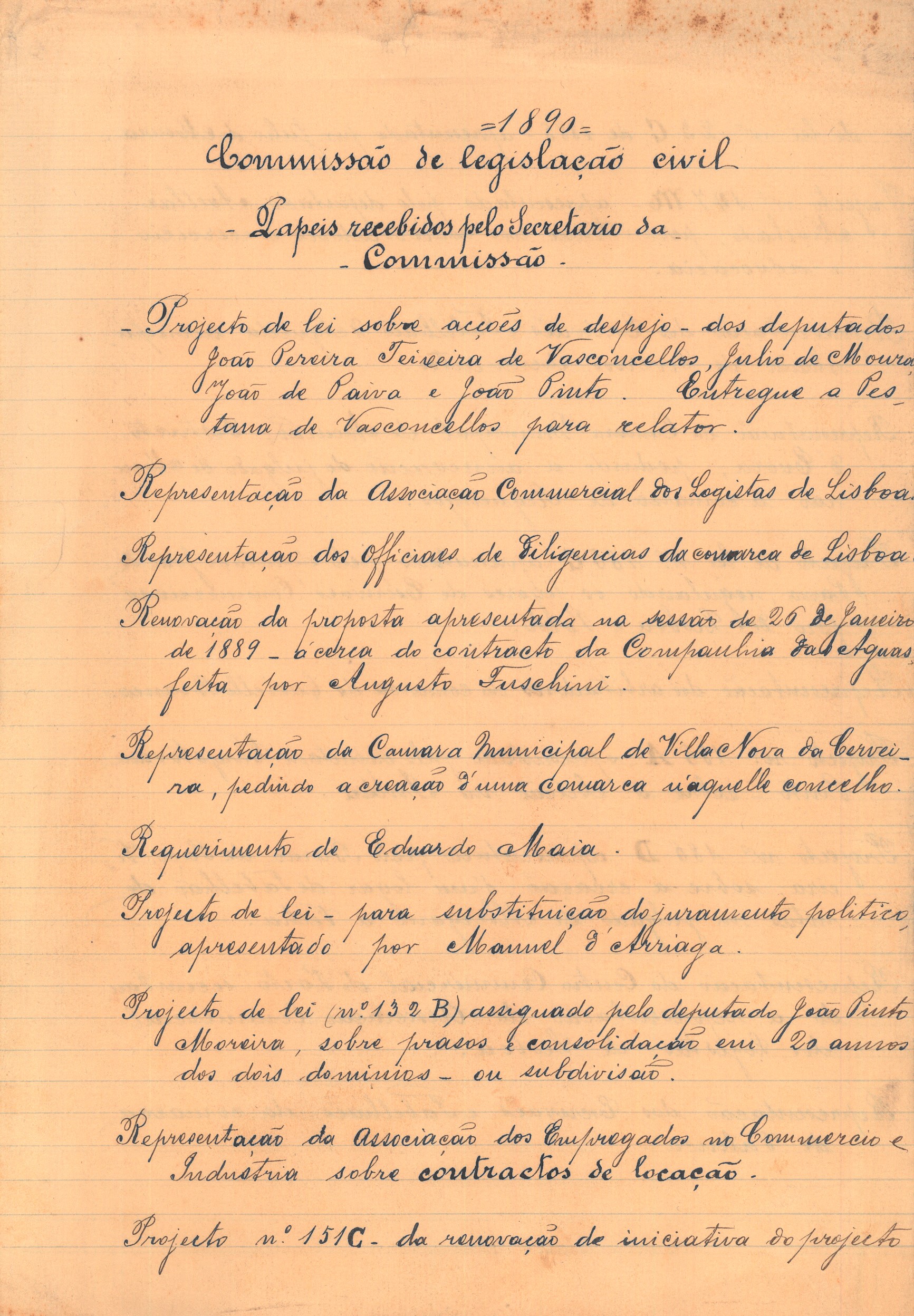 Índice dos papéis recebidos pelo Secretariado da Comissão de Legislação Civil em 1890. Cota AHP: Secção I/II, cx. 656, mç. 583, doc. 38.