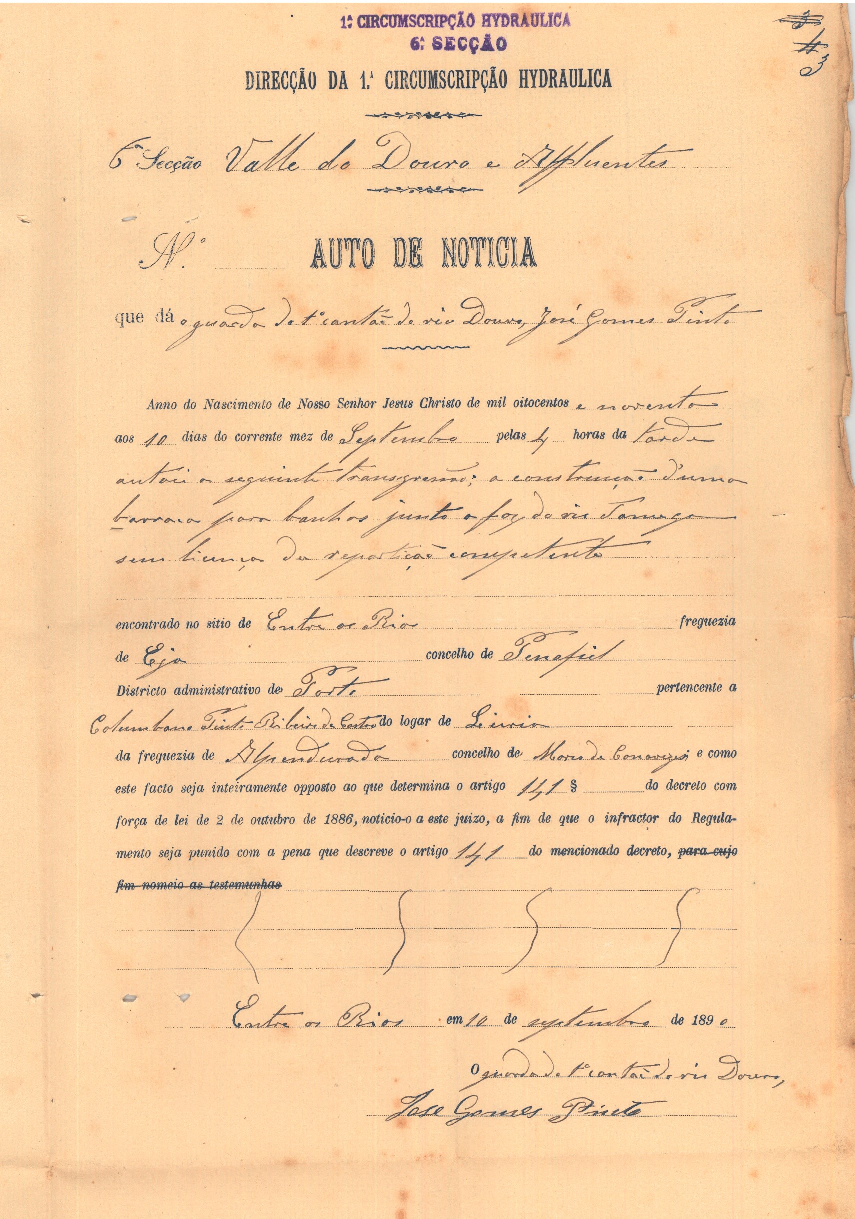 Auto de notícia de transgressão pelo deputado Columbano Pinto Ribeiro de Castro, instaurado na Comarca de Penafiel. 10 de setembro de 1890. Cota AHP: Secção I/II, cx. 492, mç. 410, doc. 19