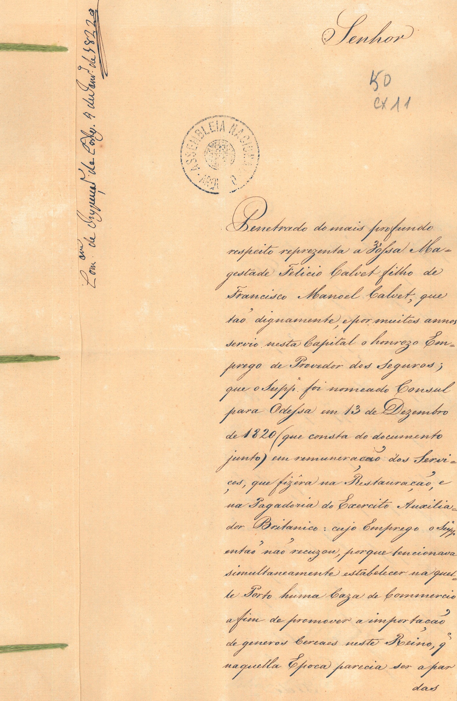 Requerimento de Felício Calvet para servir no lugar de ajudante do Porteiro Mor das Cortes. 5 de janeiro de 1822. Cota AHP: Secção I/II, cx. 17, mç. 11, doc. 50