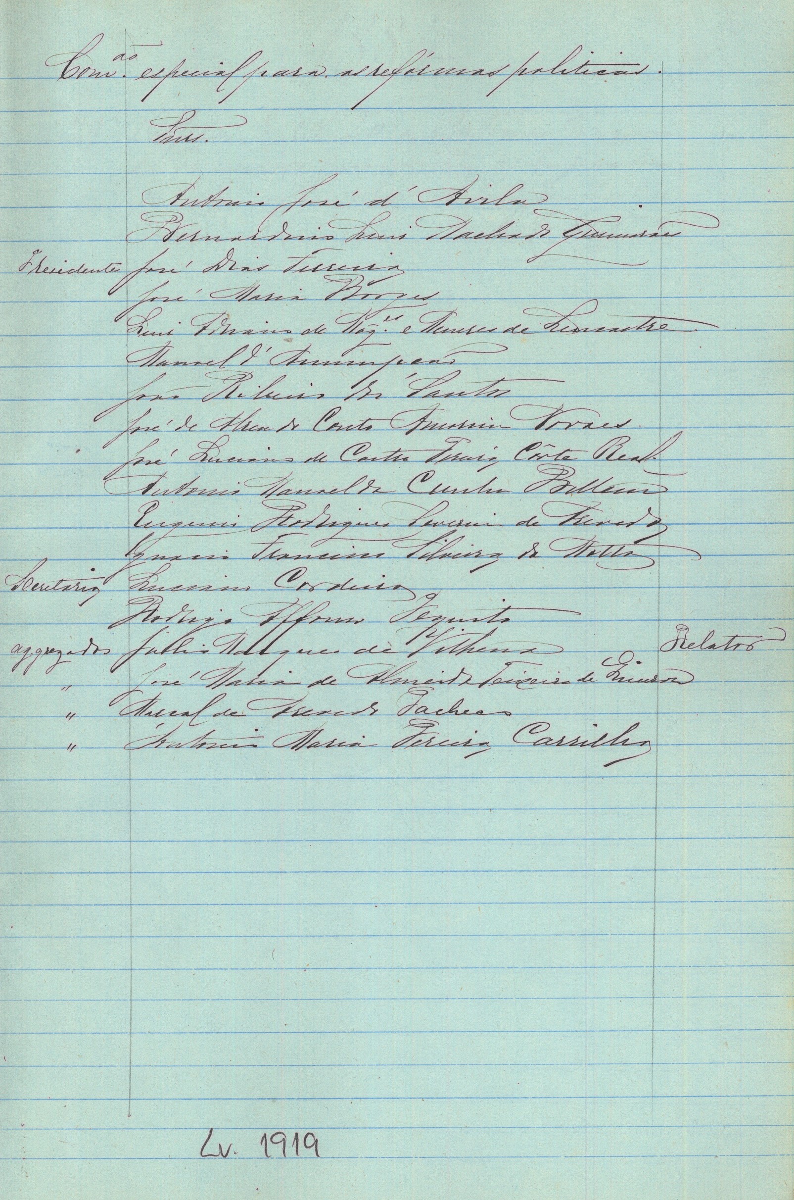 Membros da Comissão em 1884, listados no Livro de entrada de correspondência. Cota AHP: Liv. 1919