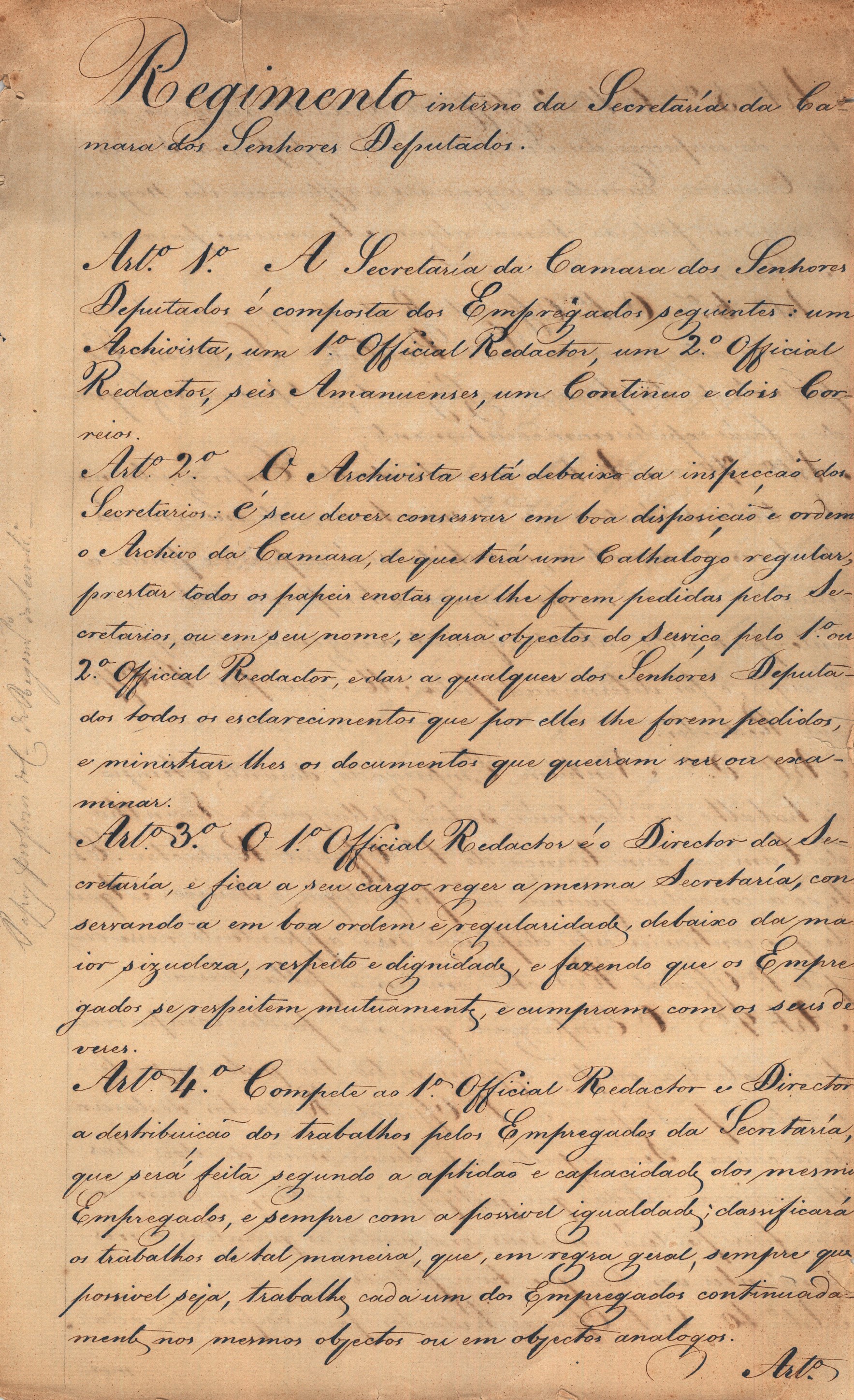 Projeto para Regimento Interno da Secretaria da Câmara dos Deputados. 3 de novembro de 1834. Cota AHP: Secção I/II, cx. 273, mç. 208, doc. 2