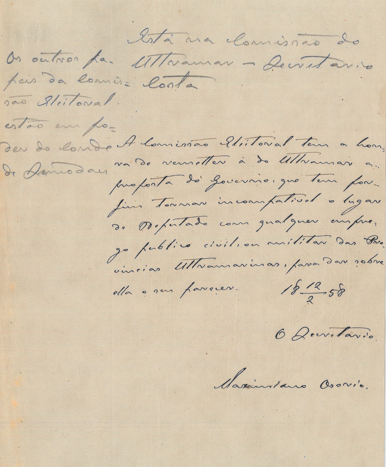 Ofício, datado de 12 de fevereiro de 1858, redigido pelo secretário da Comissão, Maximiano Osório, em que indica que a Comissão eleitoral remete à Comissão do Ultramar, para dar parecer, uma proposta do Governo de 