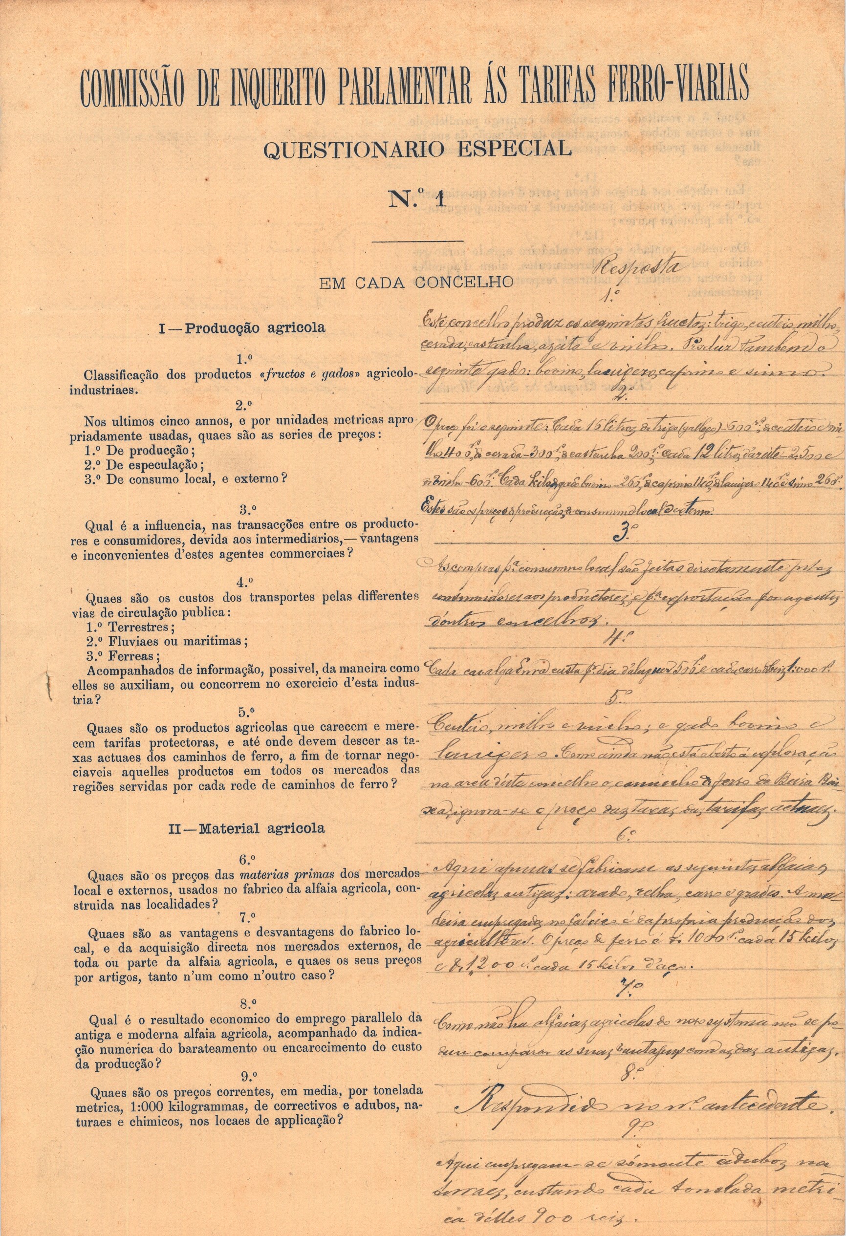 Resposta ao questionário da Comissão. Concelho de Belmonte, Distrito de Castelo Branco. 14 de novembro de 1891. Cota AHP: Secção I/II, cx. 488, mç. 406, doc. 87.