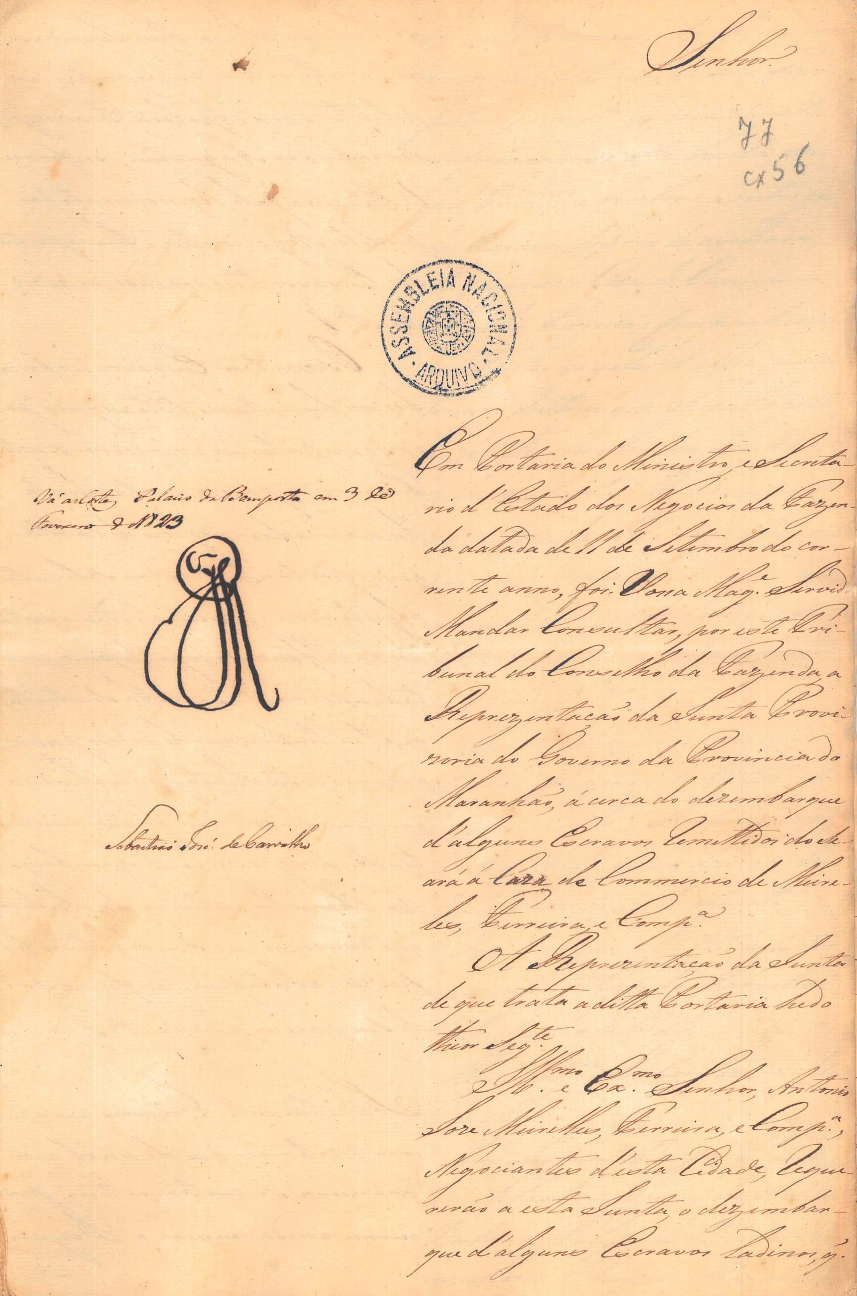 Consulta do Conselho da Fazenda, de 9 de dezembro de 1822, que acompanha a Representação da Junta Provisional do Governo da Província do Maranhão sobre a importação de escravos vindos do Ceará na polaca francesa