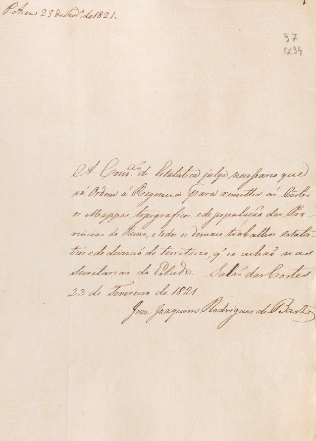 Minuta de um Aviso das Cortes à Regência, de 23 de Fevereiro de 1821, assinado por José Joaquim Rodrigues Bastos, deputado e membro da Comissão de Estatística