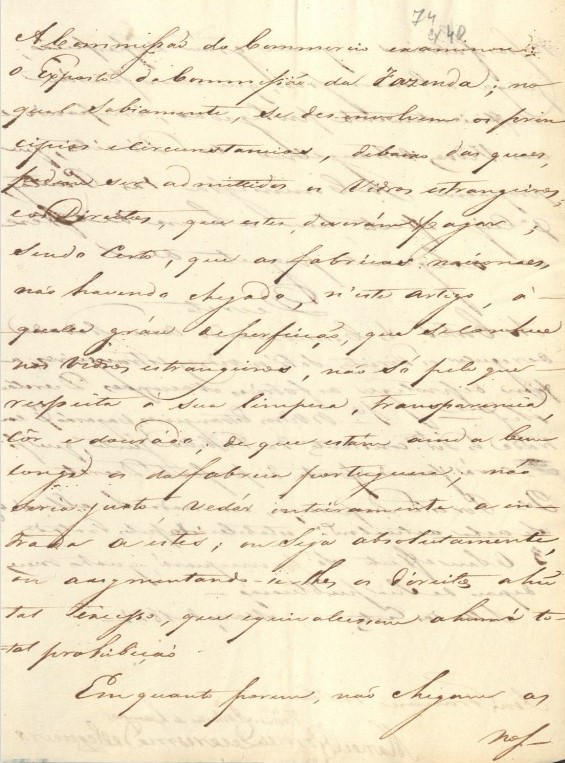 Minuta de um projeto de lei, de março de 1821, apresentado pela Comissão do Comércio, relativo à proteção alfandegária da indústria vidreira nacional dos 'vidros estrangeiros'