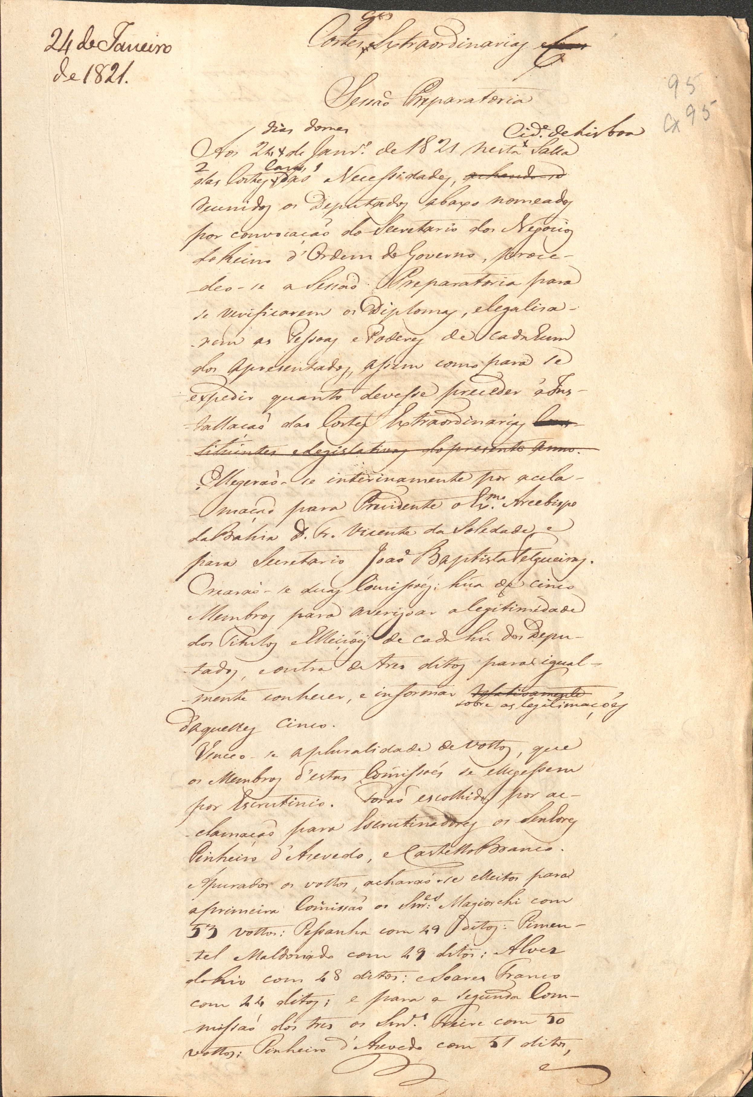 Ata manuscrita da sessão preparatória das Cortes Gerais Extraordinárias e Constituintes, reunidas a 24 de janeiro de 1821