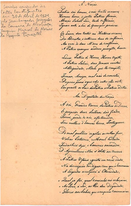 Sonetos enviados às Cortes Constituintes em 30 de abril de 1821, pelo Desembargador-Corregedor da Comarca de Alcobaça, Joaquim Manuel de Morais de Mesquita Pimentel