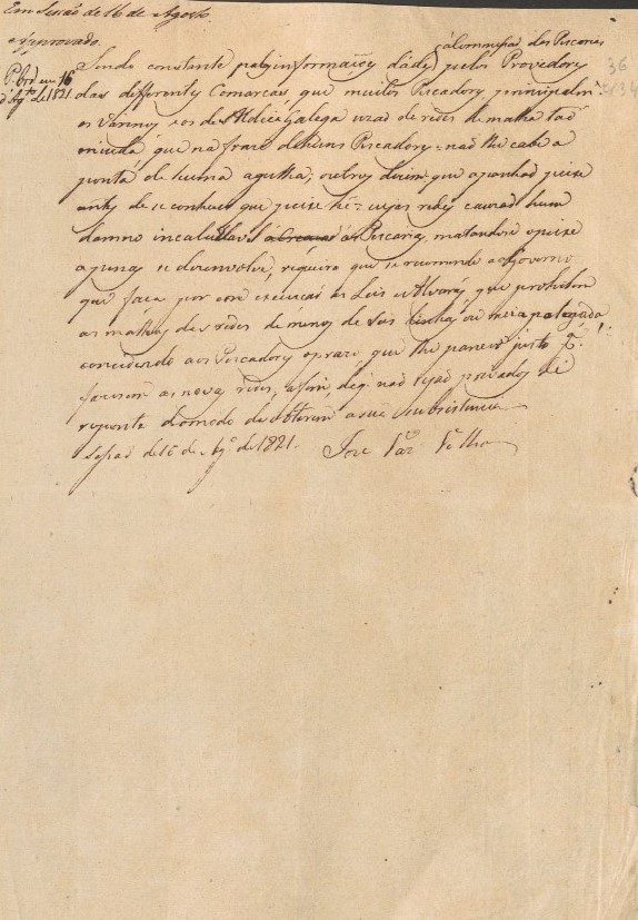 Minuta de uma Ordem das Cortes ao Governo, de 16 de Agosto de 1821, assinada por José Vaz Velho