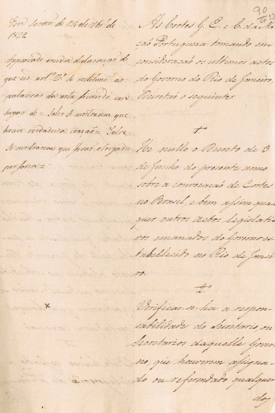Projeto de Decreto n.º 301 que anulava os atos legislativos do Governo do Rio de Janeiro. 24 de setembro de 1822