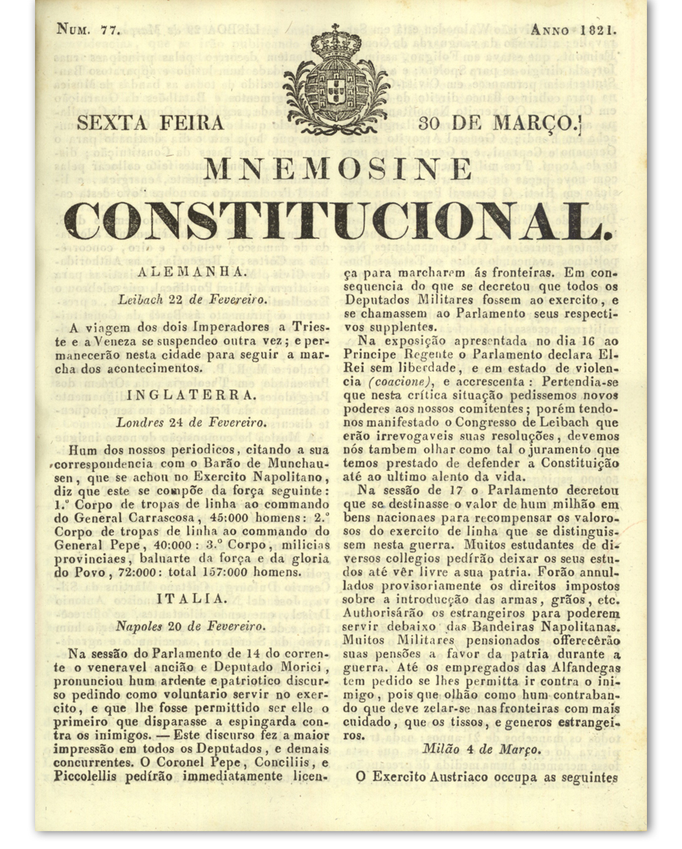  [Descrição dos festejos por ocasião da aprovação das Bases da Constituição]. Mnemosine Constitucional. Lisboa: Imprensa Nacional, 30 março 1821, p. 2-3. Cota: APP-638