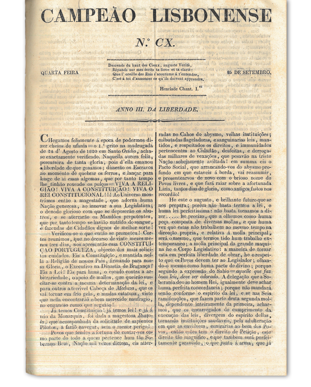 [Notícia da aprovação da Constituição]. Campeão lisbonense. Lisboa : Imprensa Nacional, n.º CX, 25 set. 1822. Cota: 4/1822