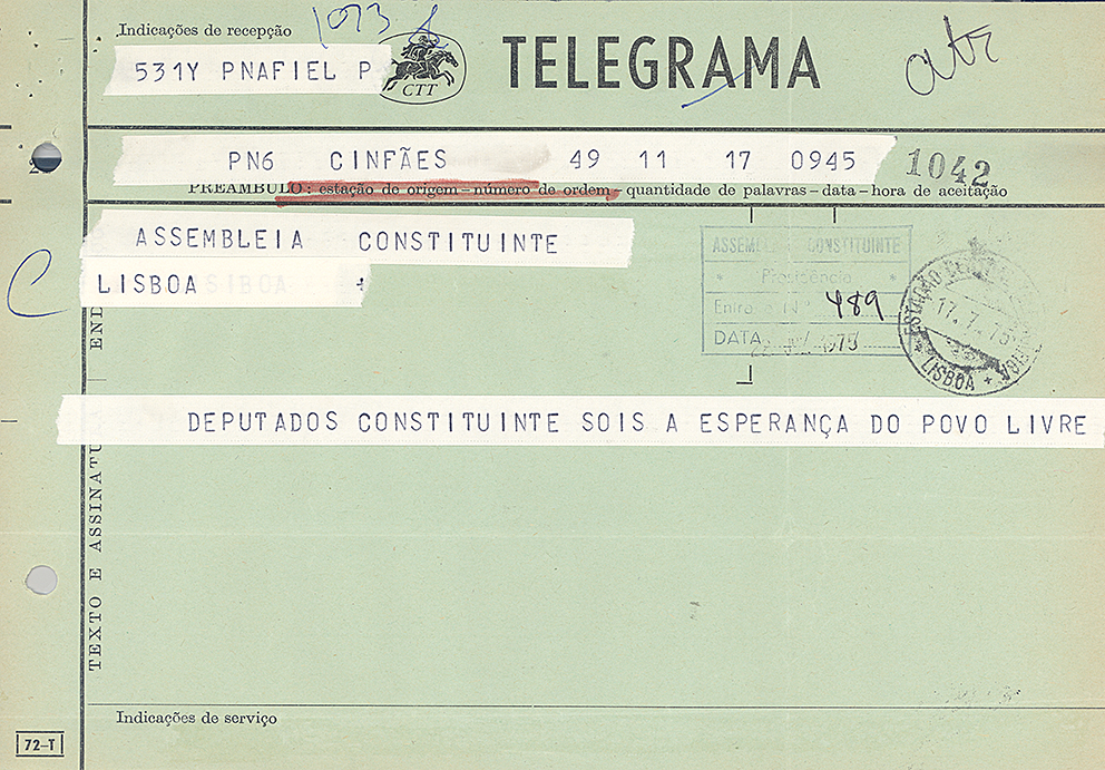Telegrama enviado à Assembleia Constituinte, Arquivo Histórico Parlamentar.