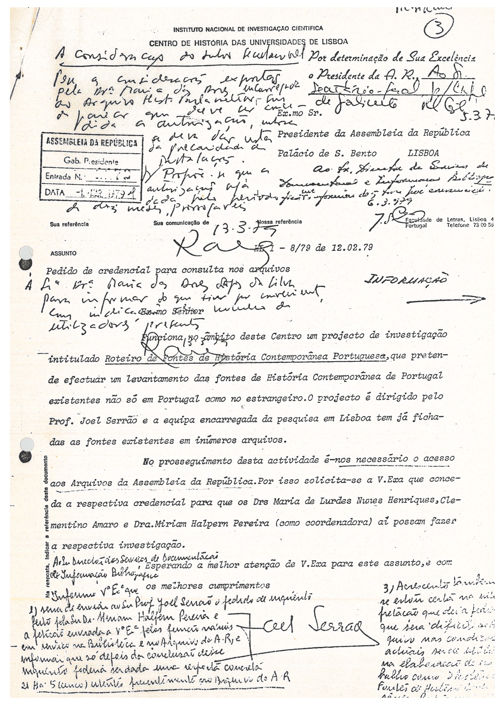 Ofício de Joel Serrão, de 12 de fevereiro de 1979. Cota AHP: GABSG, cx. 164, mç. 10.
