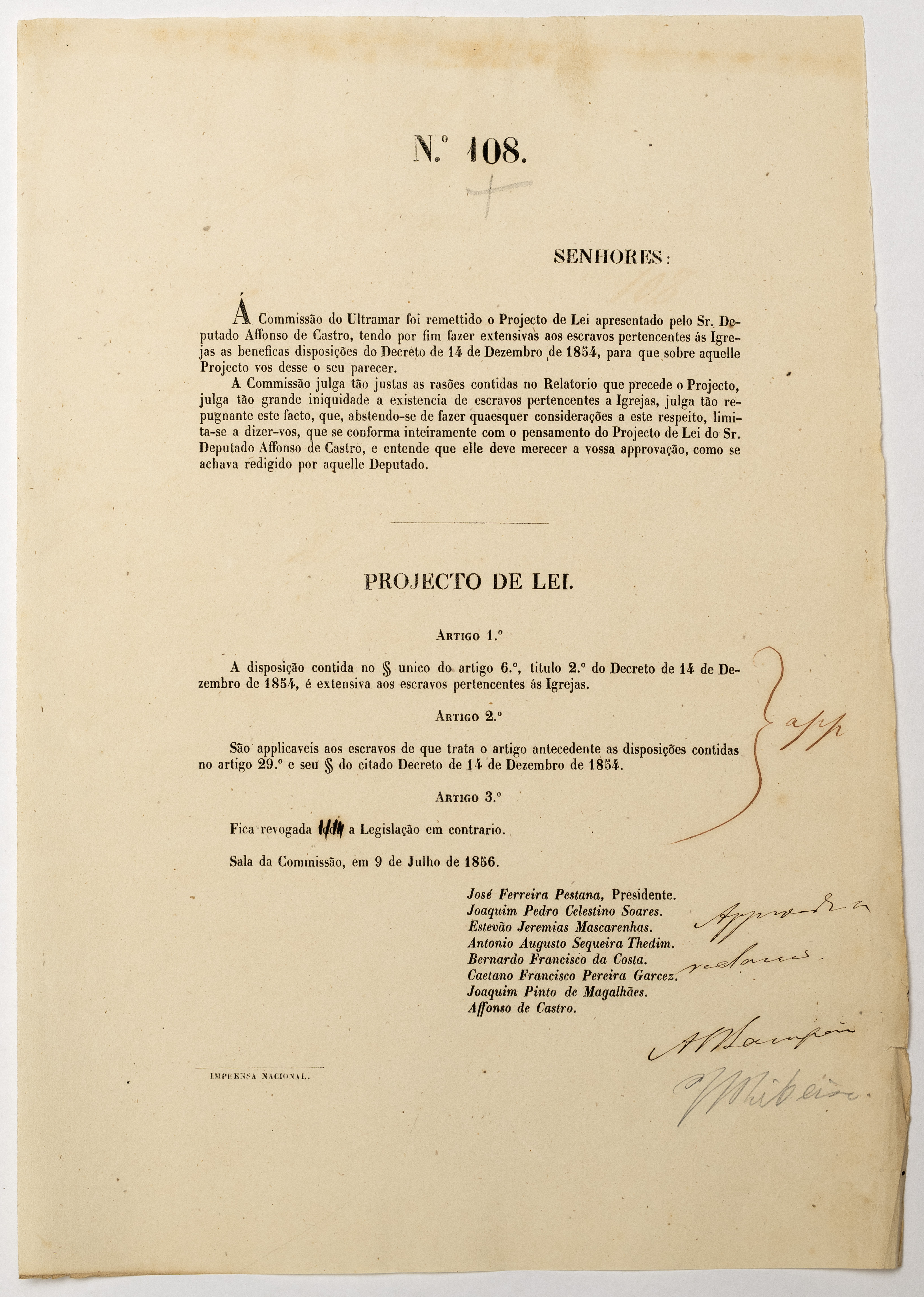 Disposições sobre tornar-se extensiva aos escravos pertencentes às igrejas a disposição do § único do art.º 6.º, tit.º 2.º do Decreto de 14 de Dezembro de 1854, 1856.