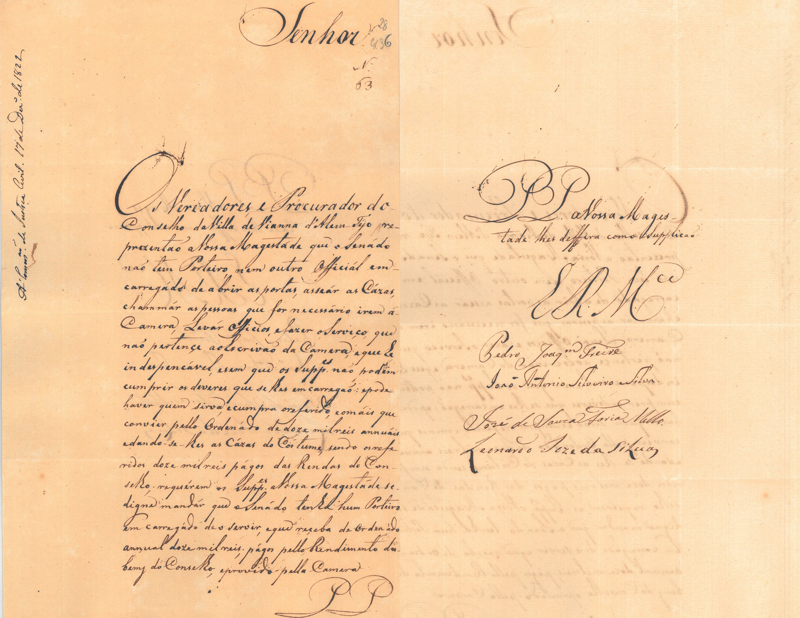 Representação dos vereadores e procurador do Conselho da Vila de Viana de Alem-Tejo solicitando a criação de um lugar de Porteiro para a Câmara daquela vila. 17 de dezembro de 1822. Cota AHP: Secção I/II, cx. 63, mç. 36, doc. 28.