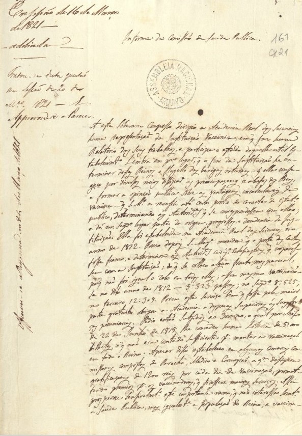 Parecer da Comissão de Saúde Pública, de 16 de Março de 1821, proferido sobre uma representação da Academia Real das Ciências, de 23 de Fevereiro de 1821, na qual faz o balanço da atividade da 'instituição vacínica'