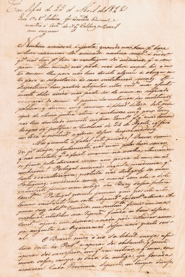 'Indicação', lida na sessão de 25 de abril de 1822, do Deputado pela província de São Paulo, Diogo António Feijó, na qual propõe cinco medidas para 'fazer parar o progresso das desgraças que ameaçam o Brasil'