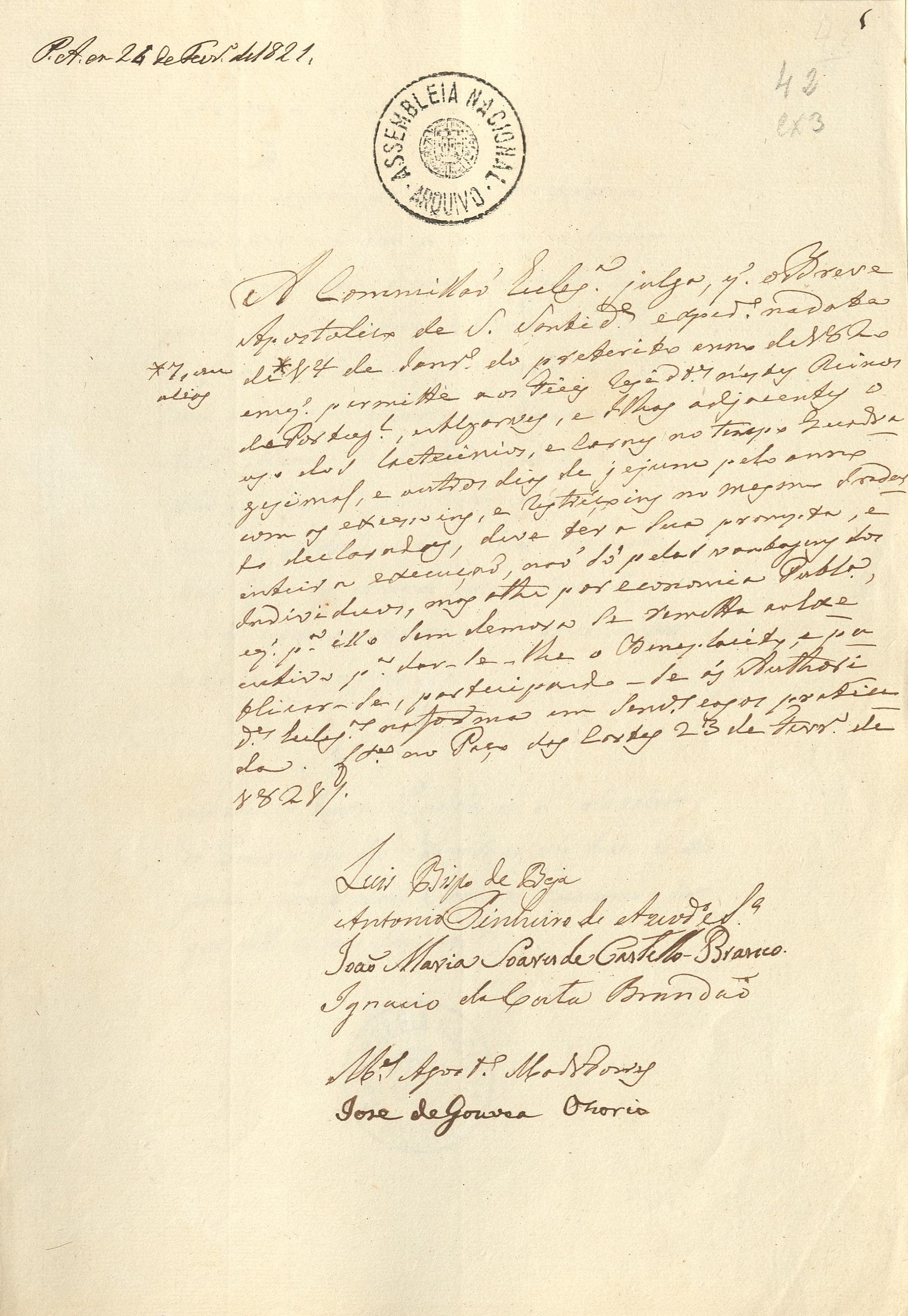 Parecer da Comissão eclesiástica, de 23 de fevereiro de 1821, sobre o Breve Apostólico de dispensa que autoriza, 'por dois anos', os católicos a comer carne nos dias de jejum e também nos de abstinência, exceto na Quarta-feira de Cinzas, Sexta-feira da Quaresma, nas vésperas de Natal e do dia de todos os Santos